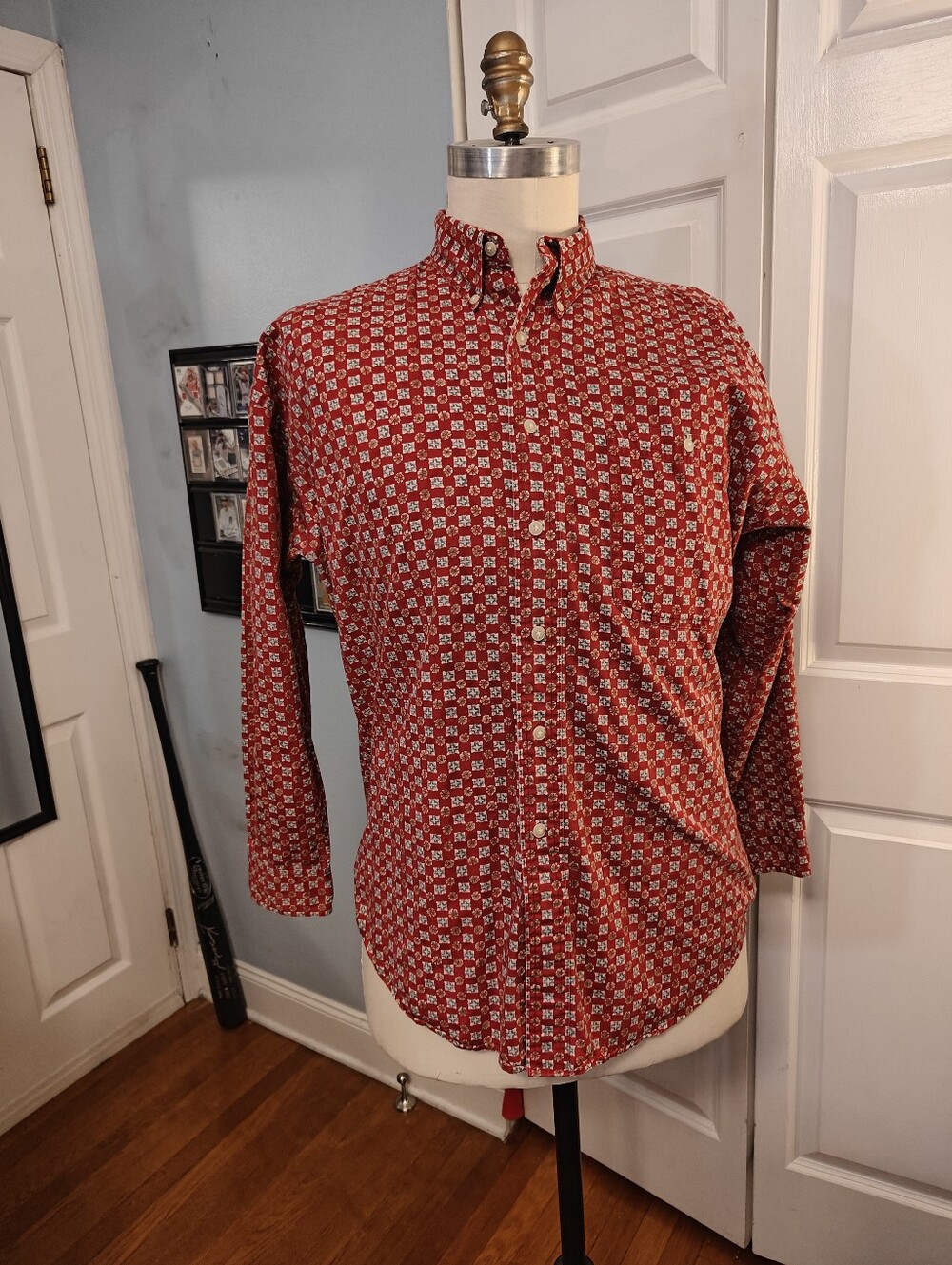 Vintage Chaps Ralph Lauren Mens Red Geometric Patterned Shirt Large All Over